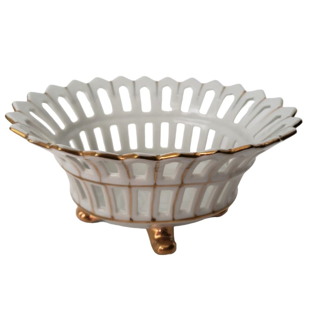 Antique White & Gold Porcelain Pierced Footed Bowl Like New Condition